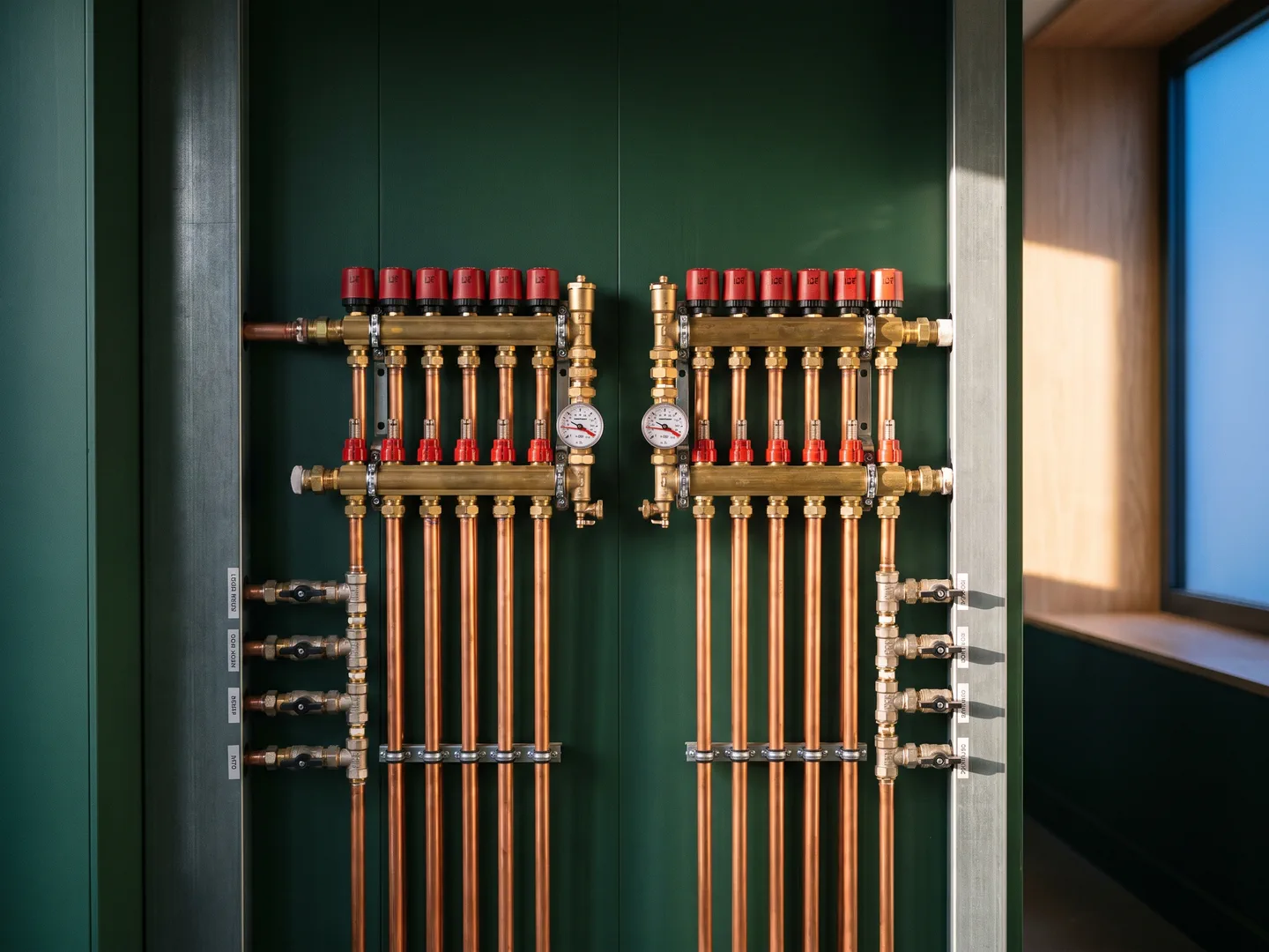 Neatly arranged hydronic piping in a mechanical room