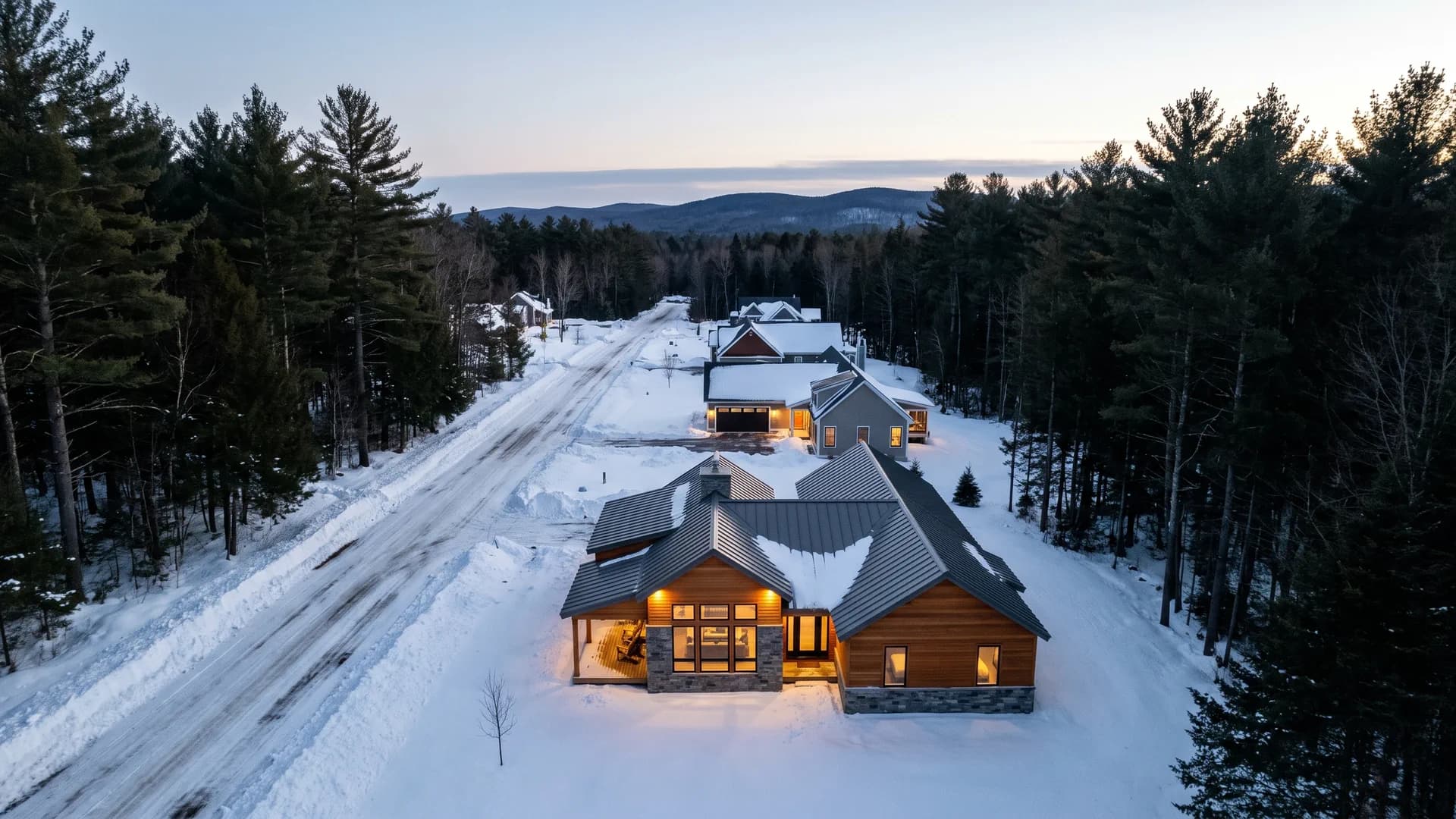 Editorial illustration of a New Hampshire road crossing a winter landscape