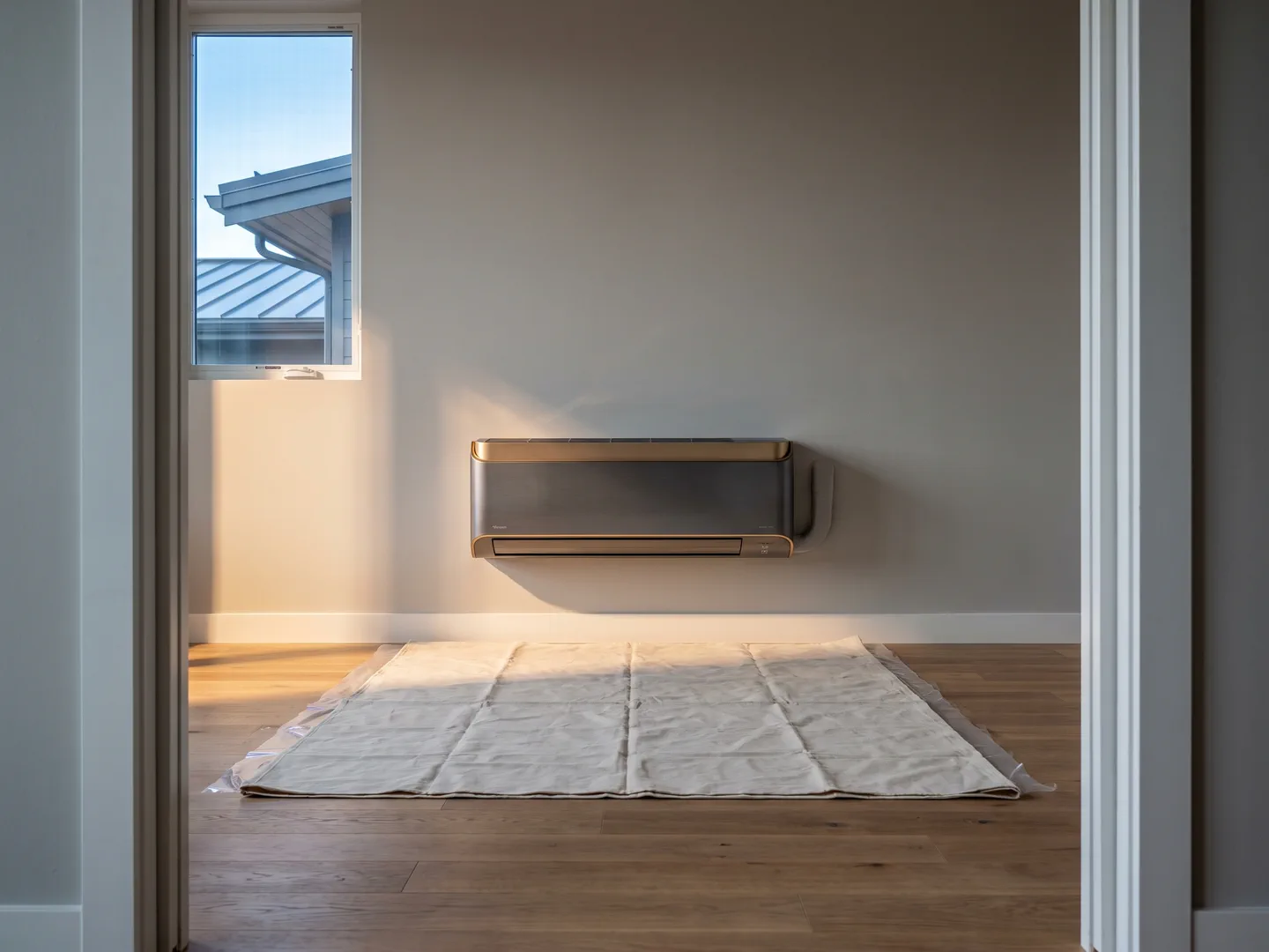 Wall-mounted indoor heat pump head above a folded drop cloth on a wood floor