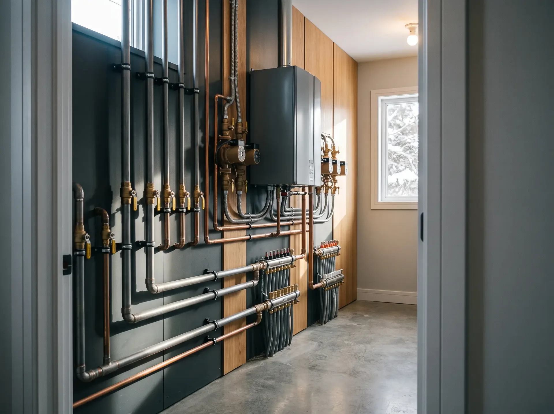 Heating appliance on a concrete plinth beside a copper hydronic manifold with brass isolation valves