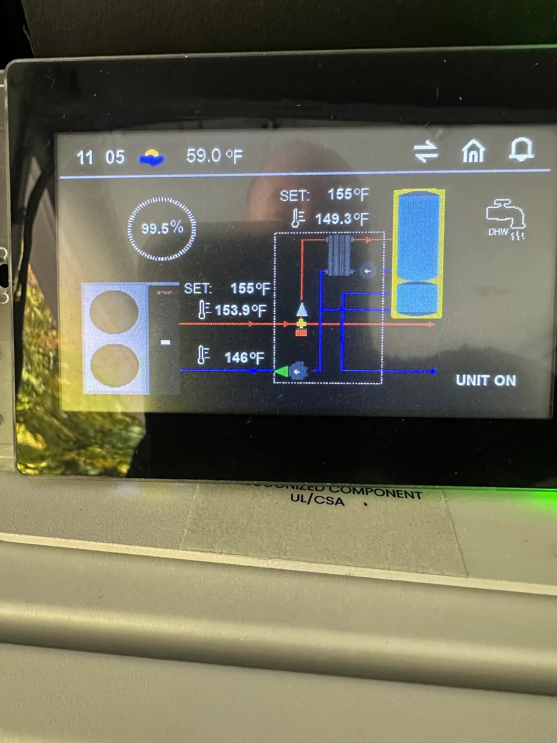 A heat pump controller screen showing a water temperature setpoint, a live water temperature and a domestic hot water indicator
