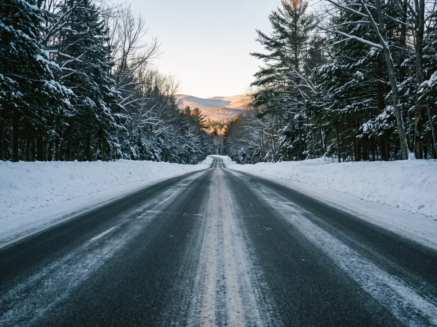 Snow-lined two-lane road running through winter woods toward sunlit hills