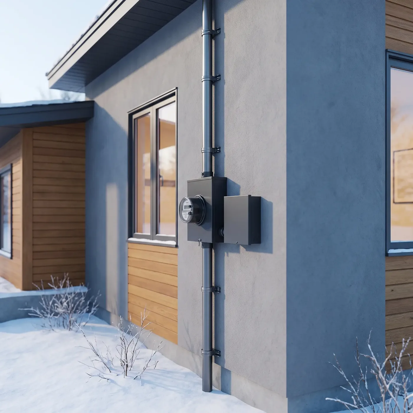 A round electric meter and a service disconnect box mounted on the stucco corner of a modern house, galvanized conduit running vertically past them from the eave down to the snow.