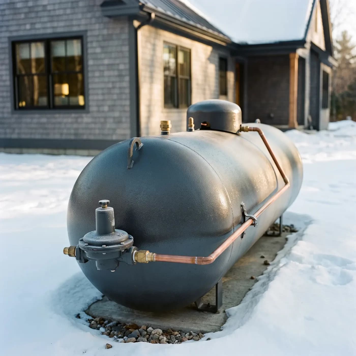 A horizontal residential propane tank on a concrete pad in the snow, its regulator at the near end and a copper service line running the length of the tank toward a grey shingled house with lit windows.