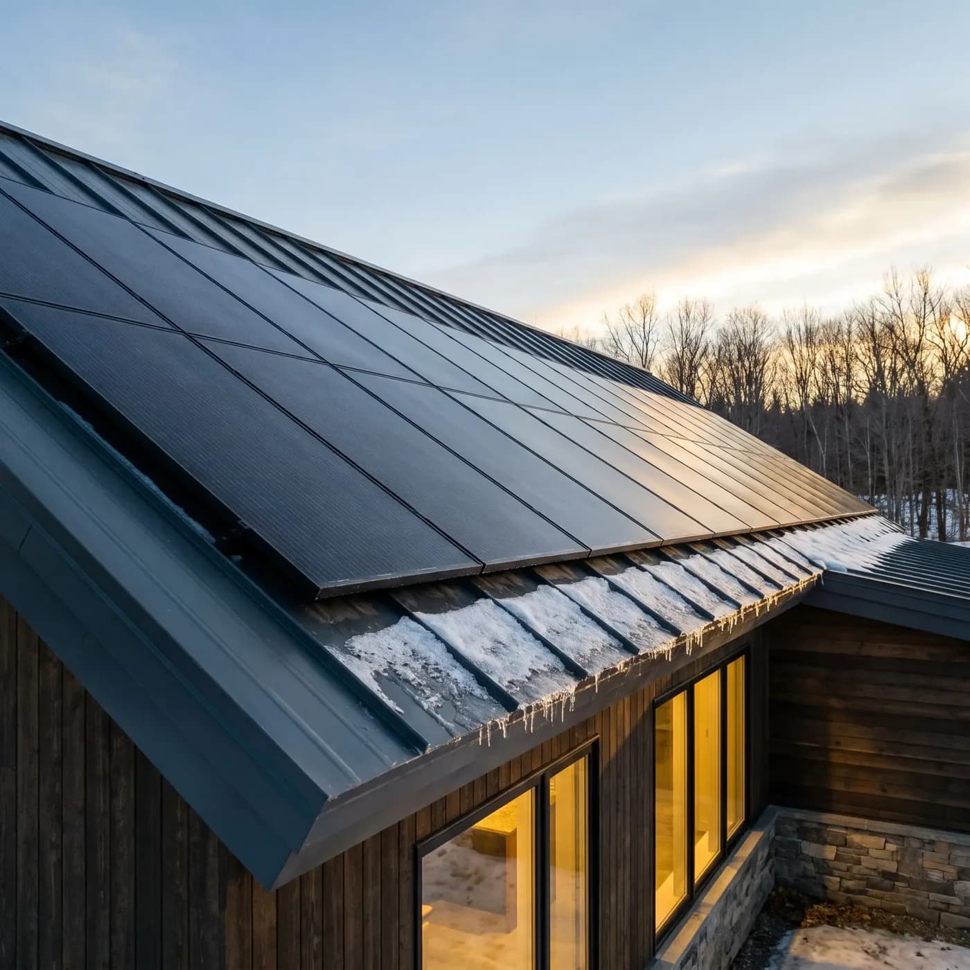 Black solar panels flush on the standing seam metal roof of a dark timber clad house, snow melting off the lower courses into icicles at the eave, winter woods lit by a low sun behind.