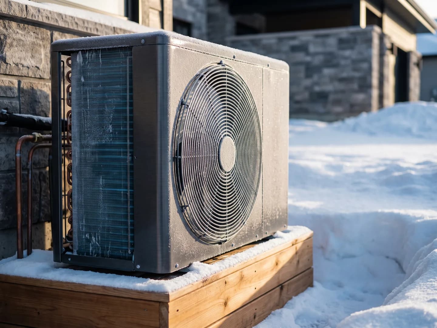 Frost on the fan guard and coil of an outdoor heat pump raised on a timber stand in snow