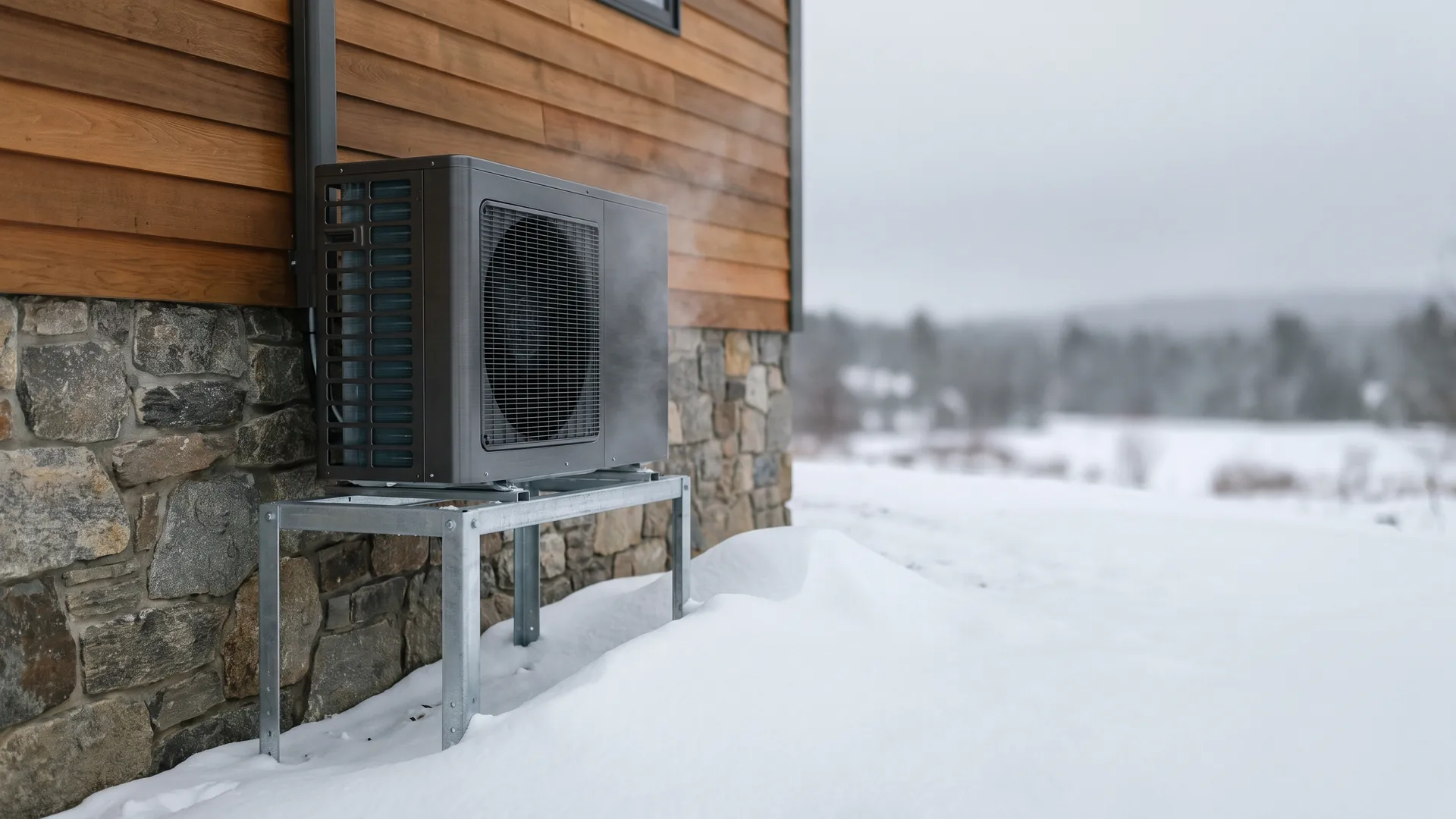 Outdoor heat pump raised on a galvanised stand above deep snow beside a cedar and stone wall