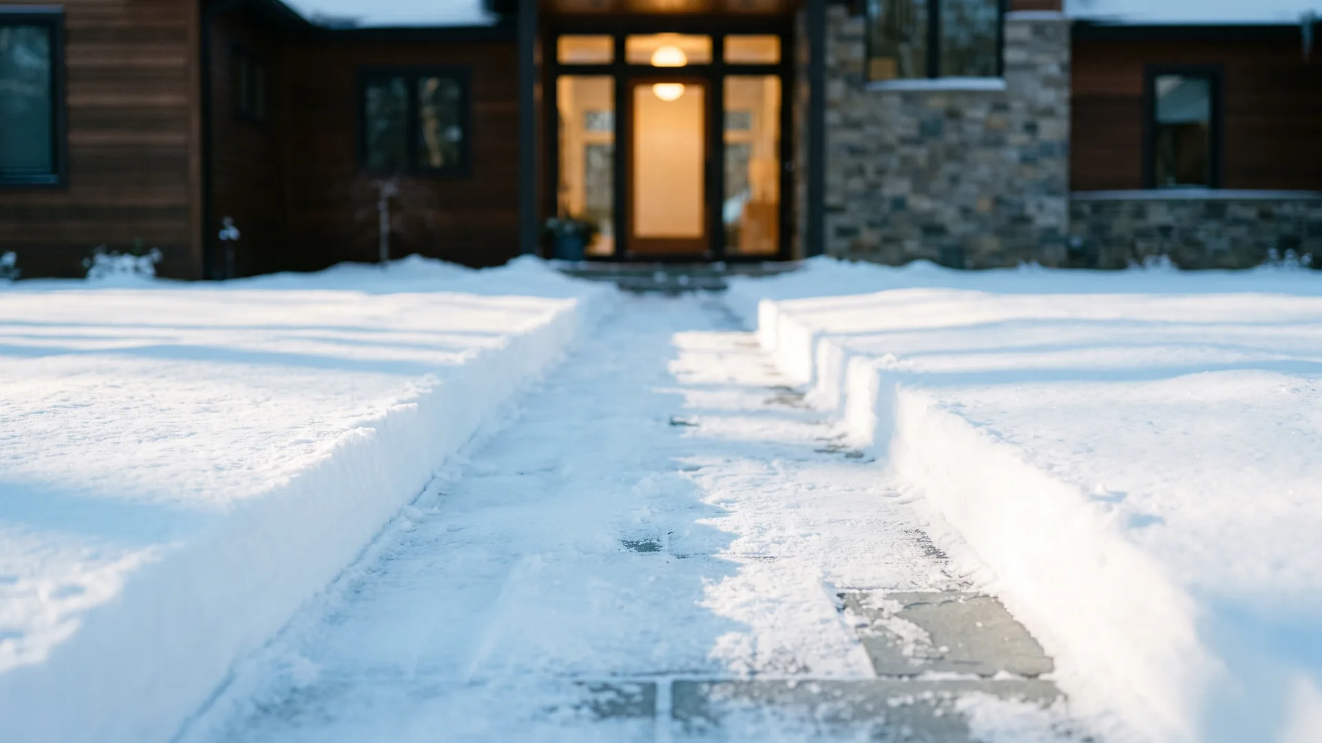 Shovelled front walk leading to the lit entry of a home on a winter evening