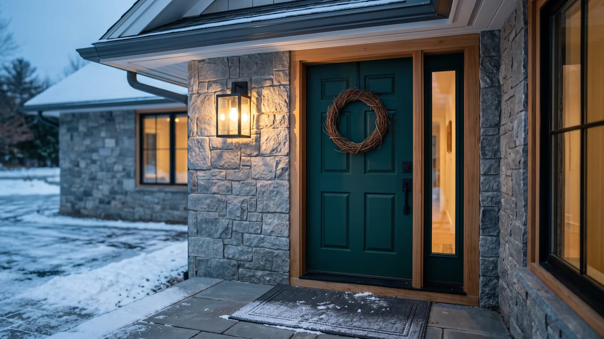 Lit entry of a stone-fronted home with a wreath on the door at winter dusk
