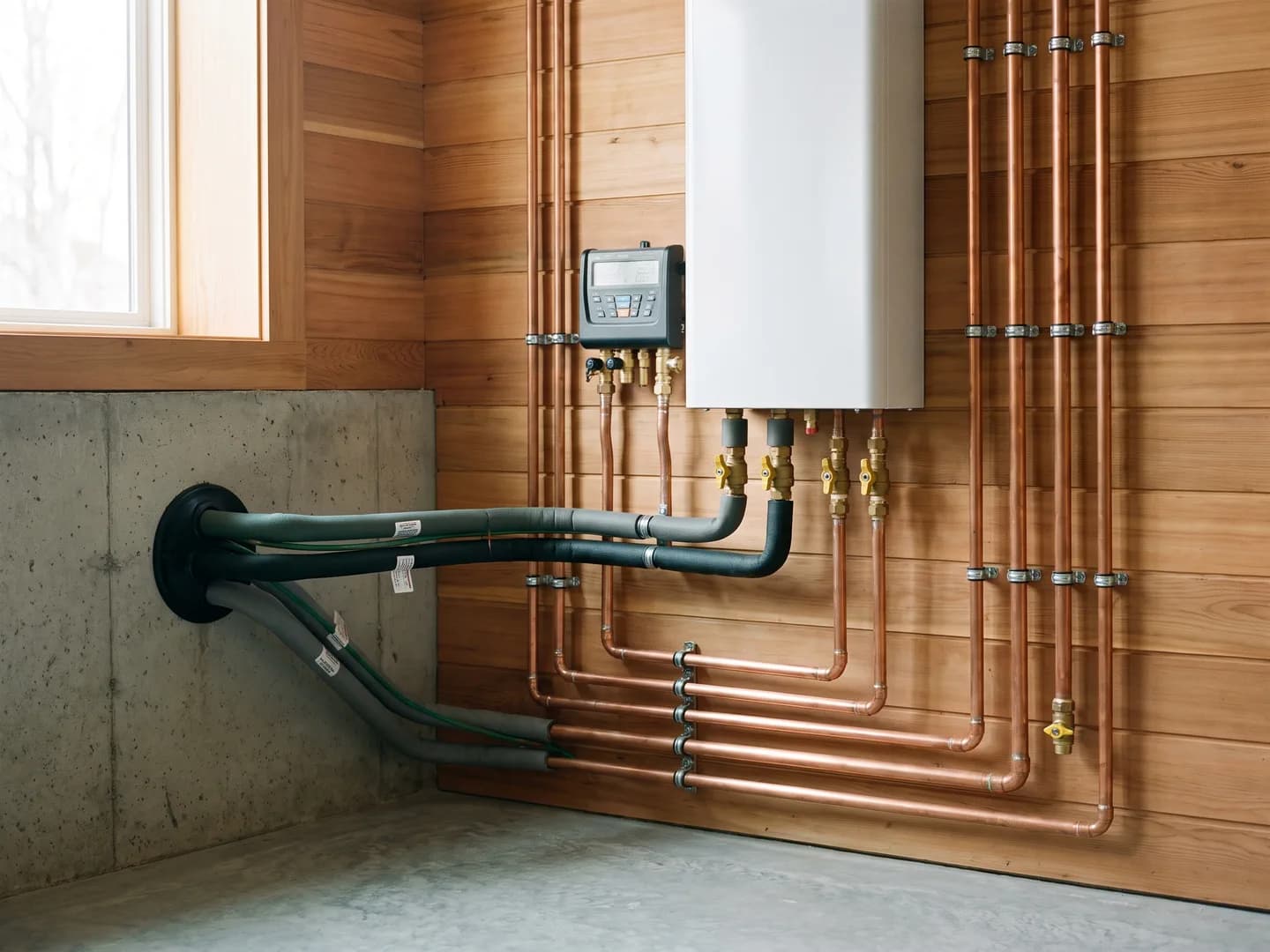 Modern heat pump equipment in a New Hampshire mechanical space