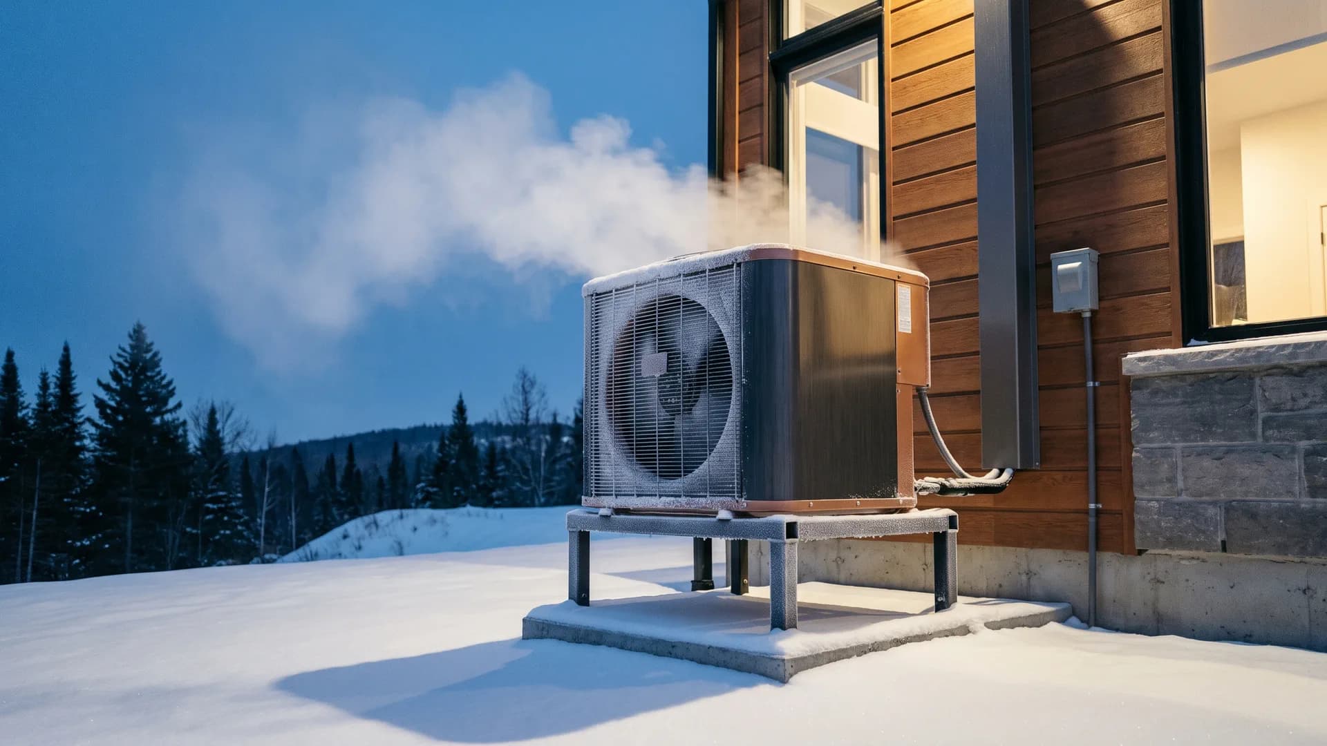 Cold-climate heat pump equipment in a New Hampshire winter