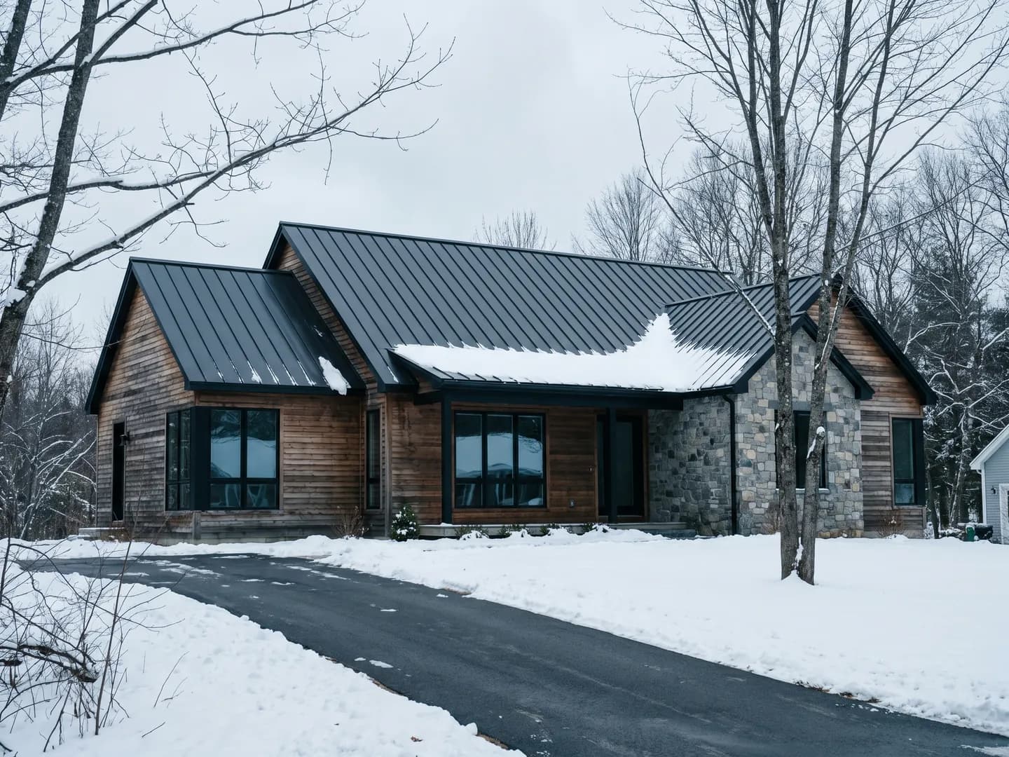 Single-family home at the end of a snow-covered driveway under flat winter daylight