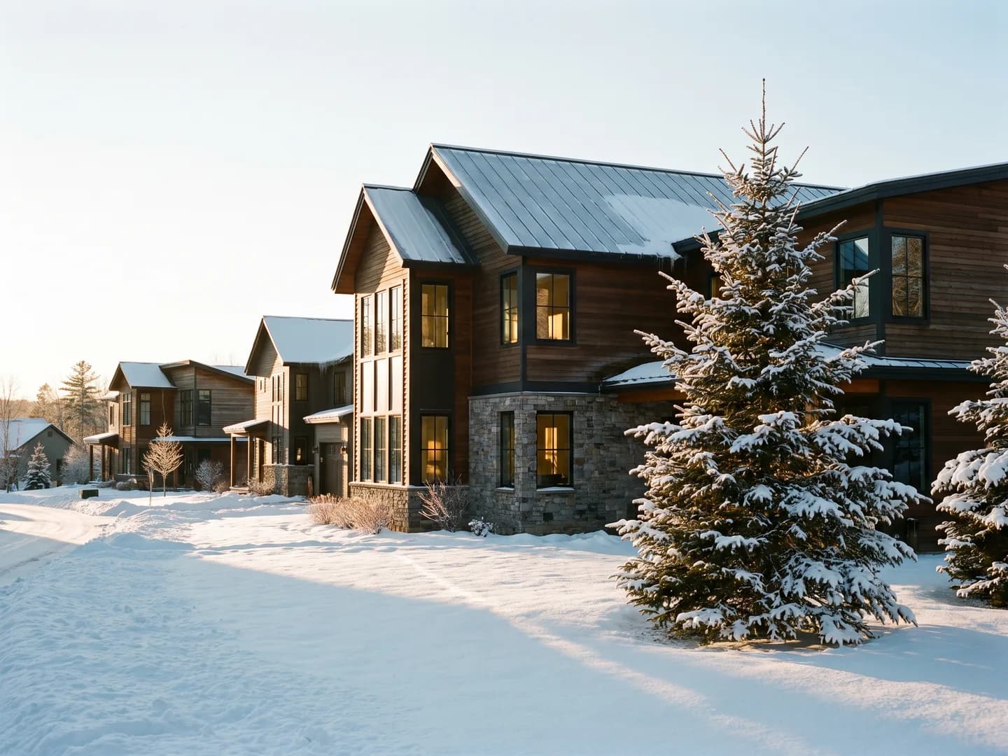 Row of modern timber and stone homes under fresh snow on a winter afternoon