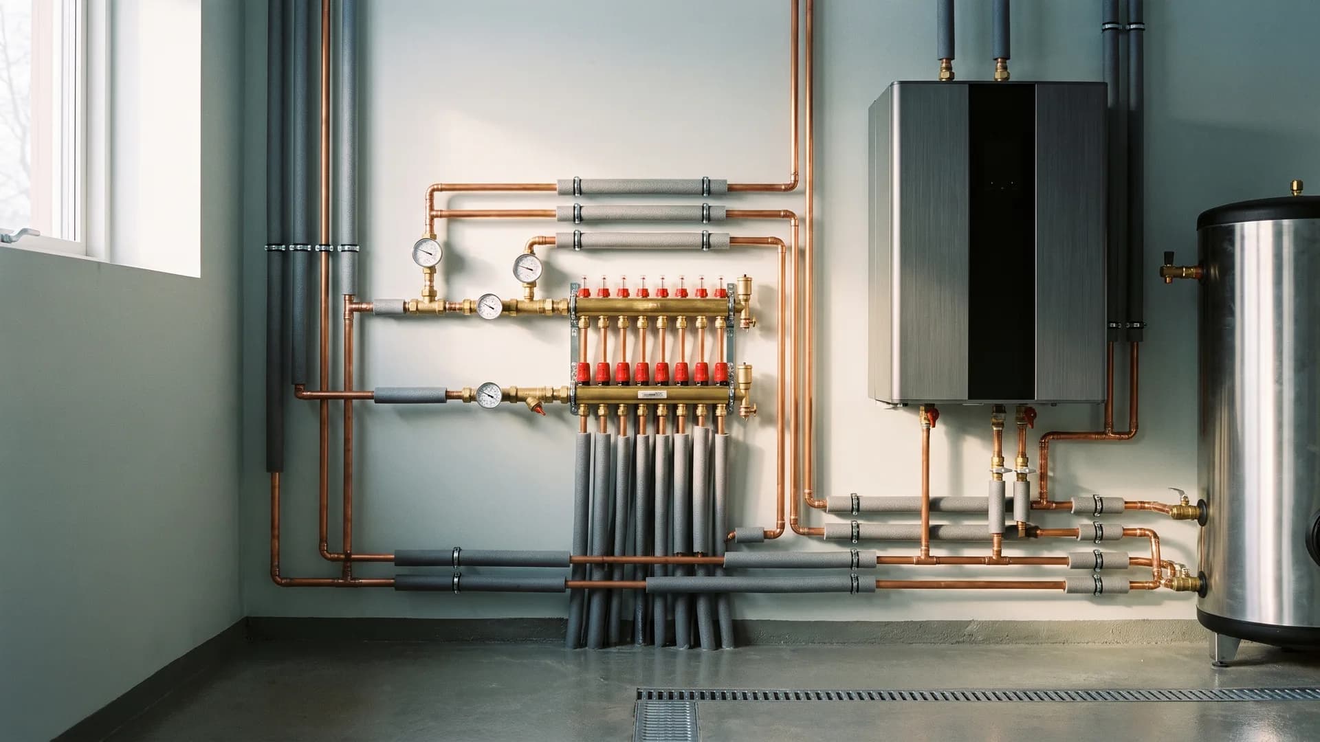 Air-to-water heat pump equipment in a New Hampshire mechanical room
