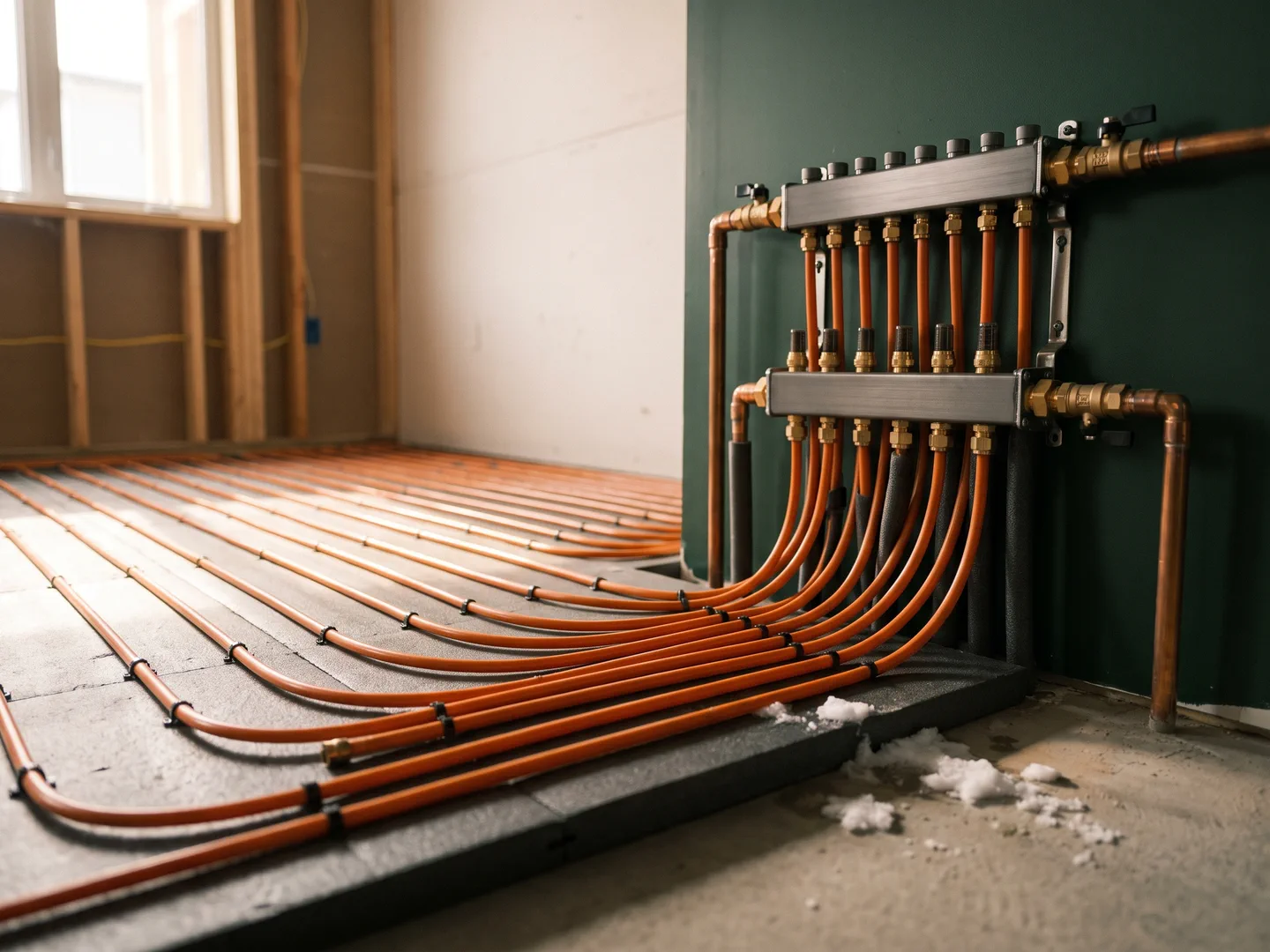 Radiant floor tubing prepared before the finished floor is installed