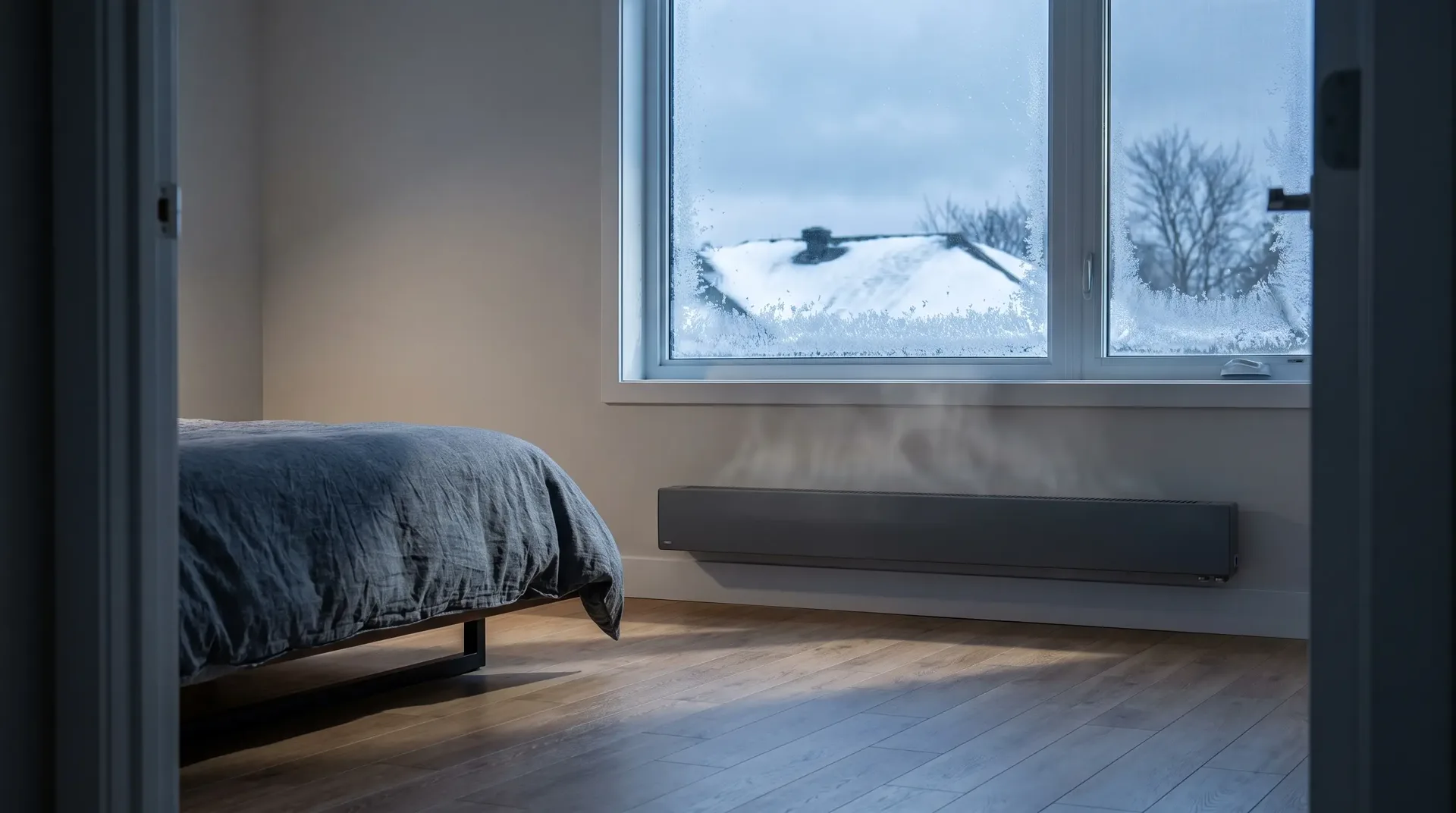 Bedroom in winter with one low baseboard heater along the wall and snow on the roofline outside