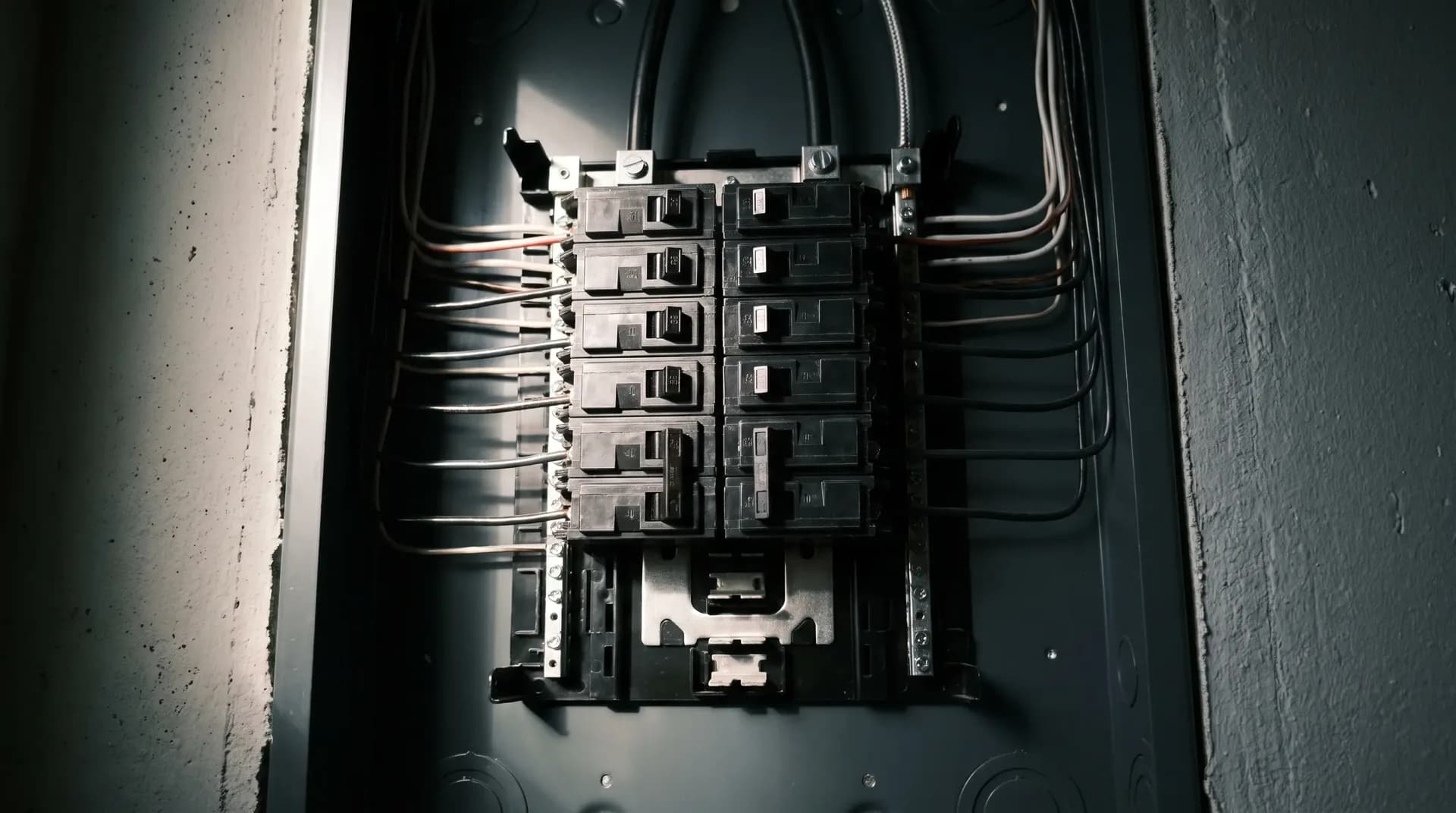 Open electrical panel interior with two rows of breakers and neatly run branch conductors
