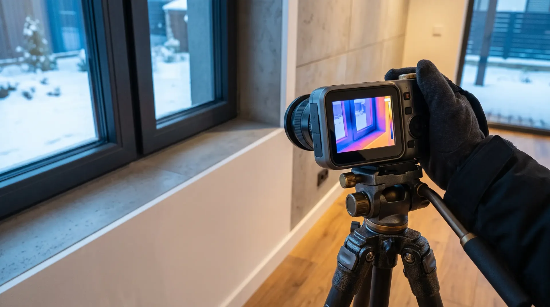 Thermal imaging camera on a tripod aimed at a window, a gloved hand steadying it