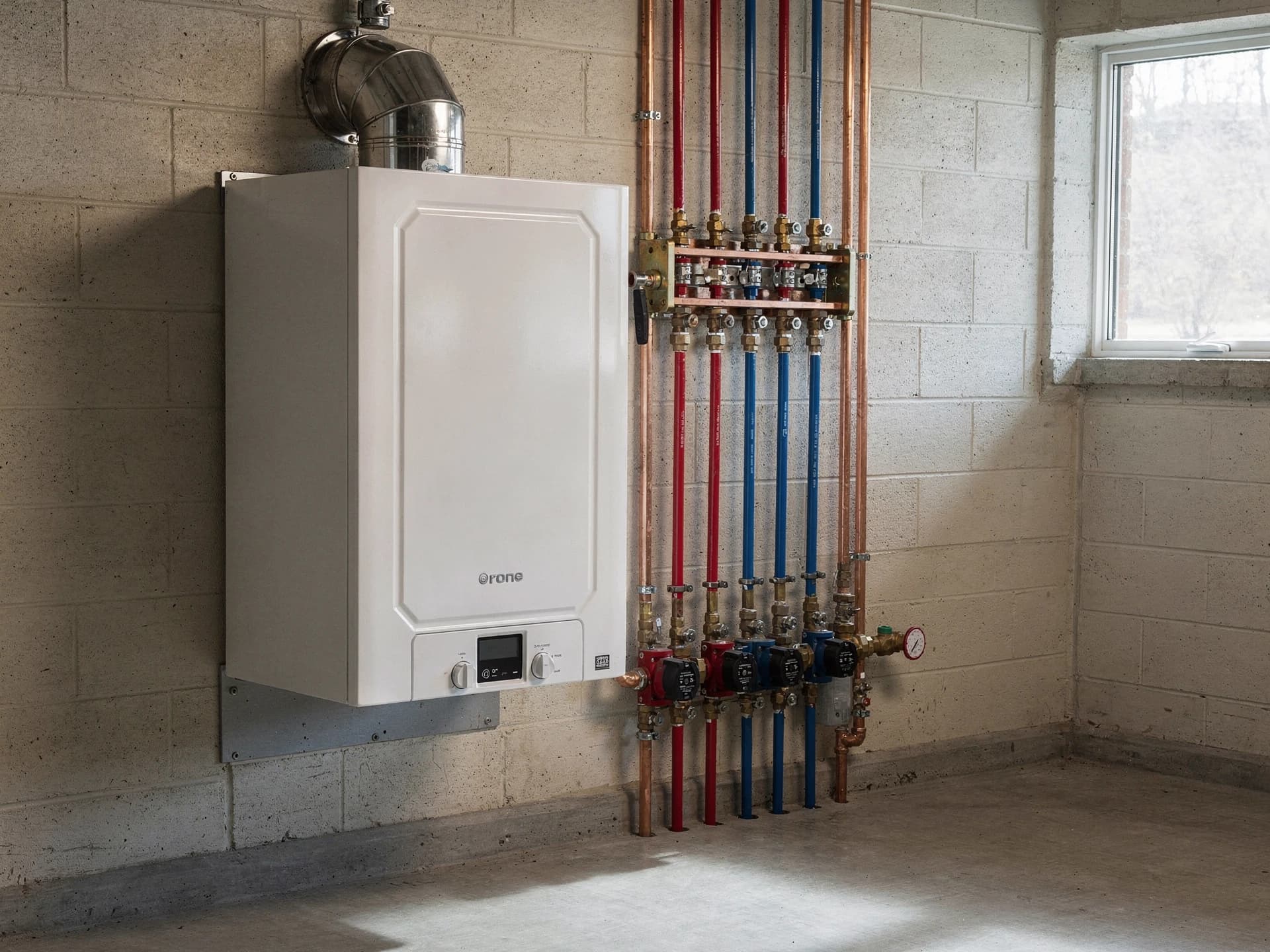 A modern wall-hung high-efficiency condensing gas boiler with a copper and PEX zone manifold and circulator pumps beside it
