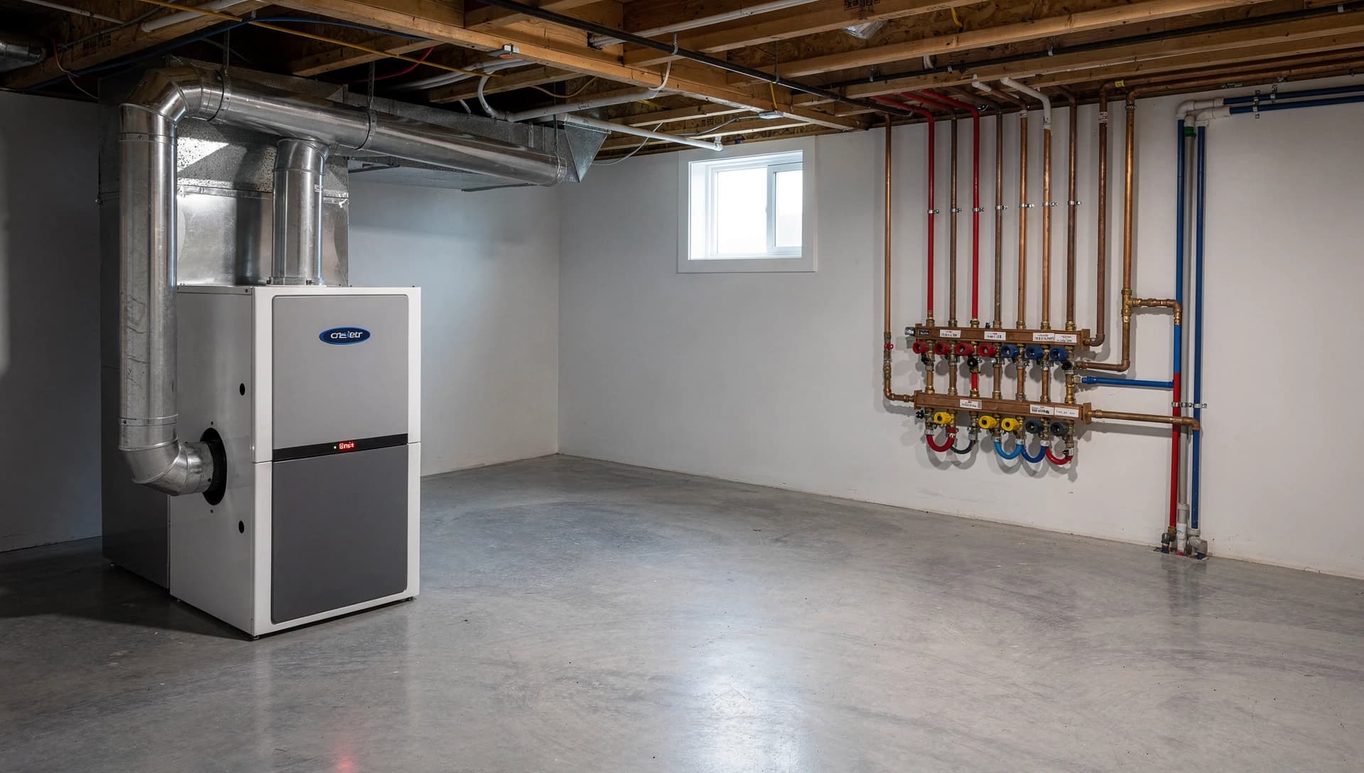 A clean New Hampshire basement mechanical room with a modern high-efficiency gas furnace and stainless flue venting beside copper and PEX piping