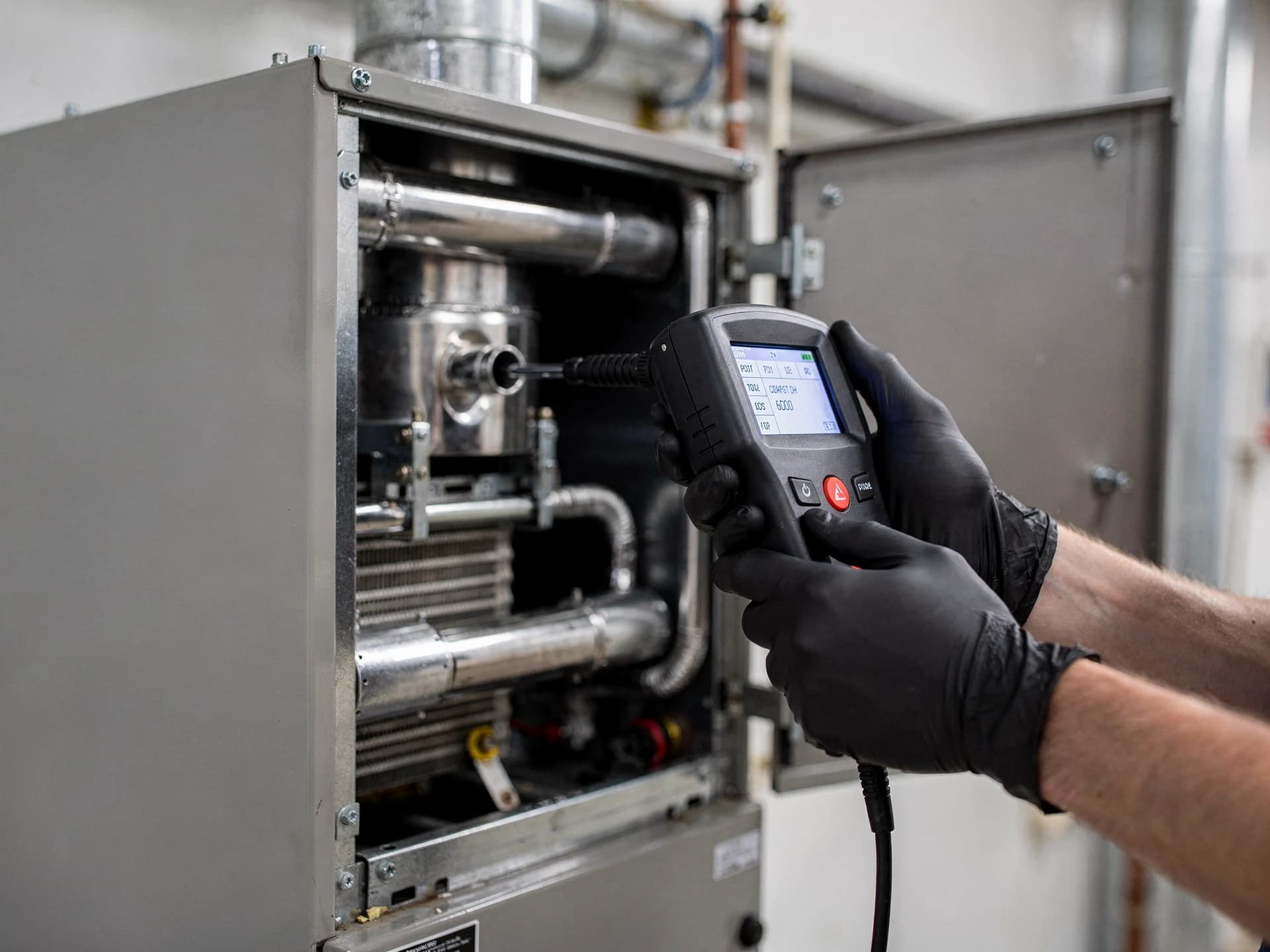 A combustion analyzer probe held to the flue of a modern high-efficiency gas furnace, its burner panel open
