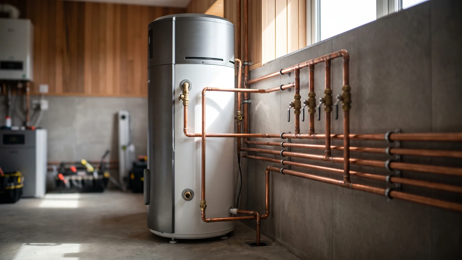A heat pump water heater in a residential utility room