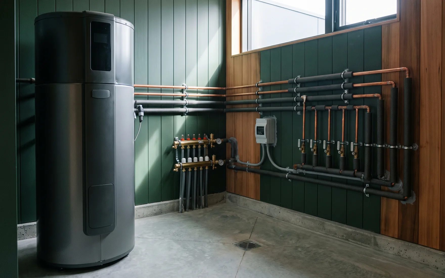 A neatly installed heat pump water heater
