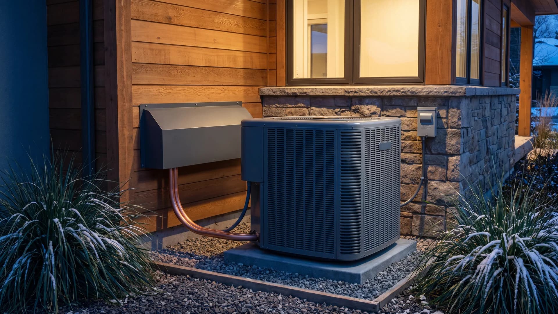 Cold-climate heat pump equipment beside a New Hampshire home