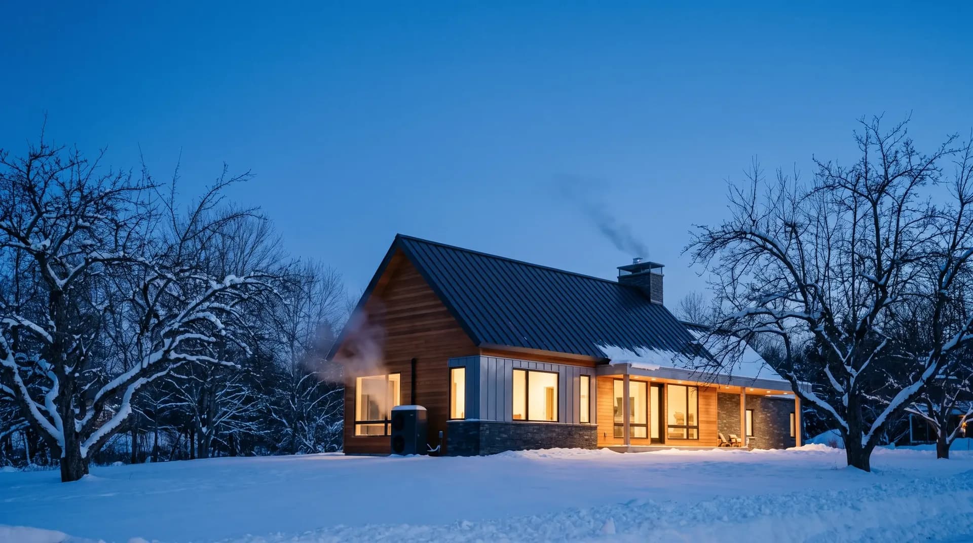 A dark clad New Hampshire house at blue hour in deep snow, windows lit, a thin plume rising from the chimney while a slim heat pump outdoor unit stands against the gable wall below.