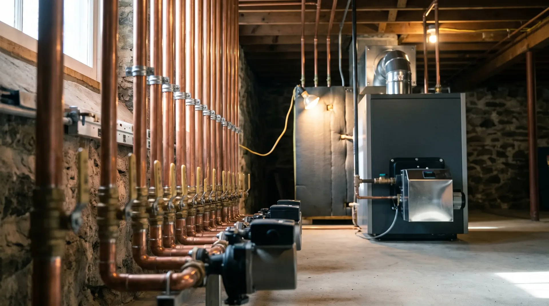 A basement boiler room with a row of copper risers, brass valves and circulators along a stone foundation wall, and an oil fired boiler with its burner and insulated flue standing across the floor.