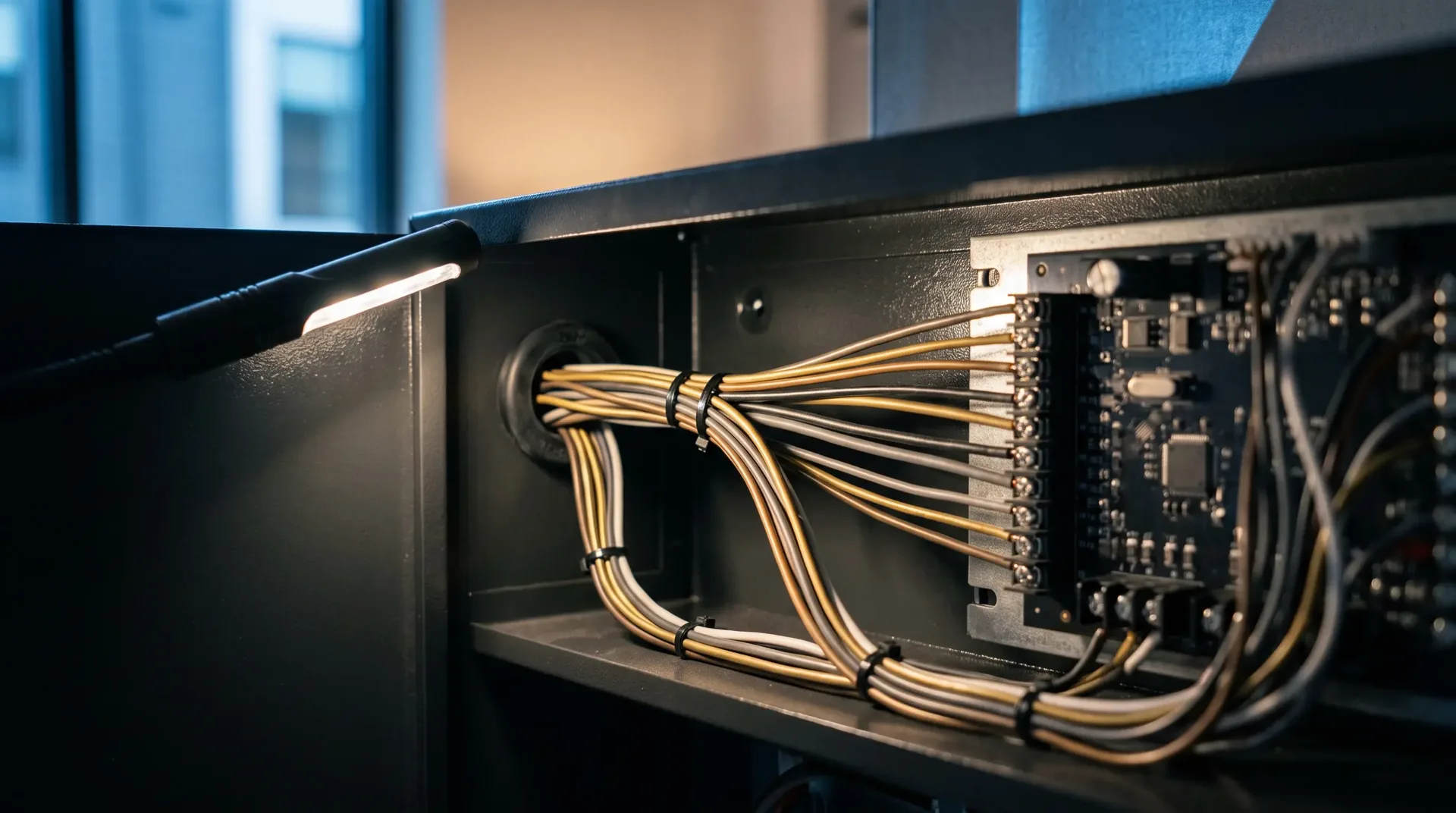 An open control panel with a bundle of low voltage wires dressed and landed one by one on a screw terminal strip, a work light clipped to the door lighting the board.