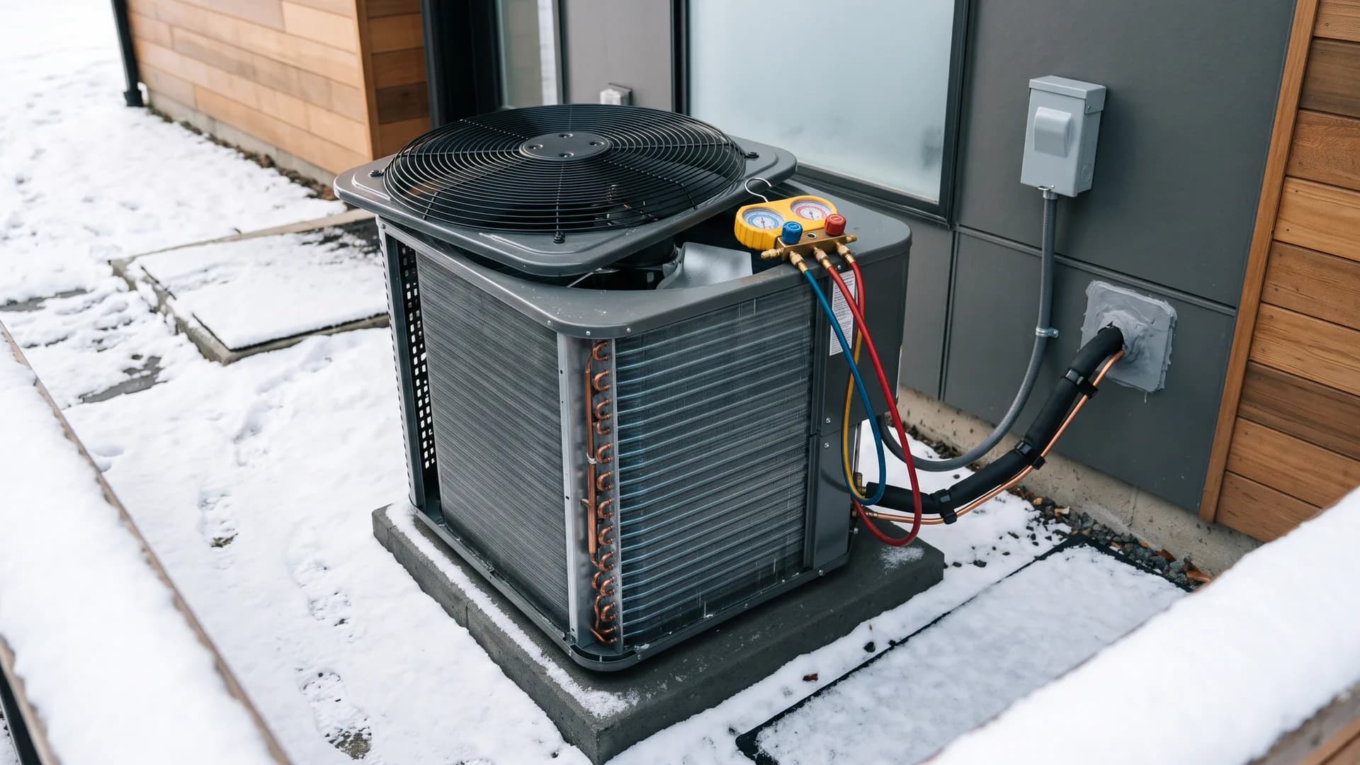 A technician's instruments beside heat pump equipment
