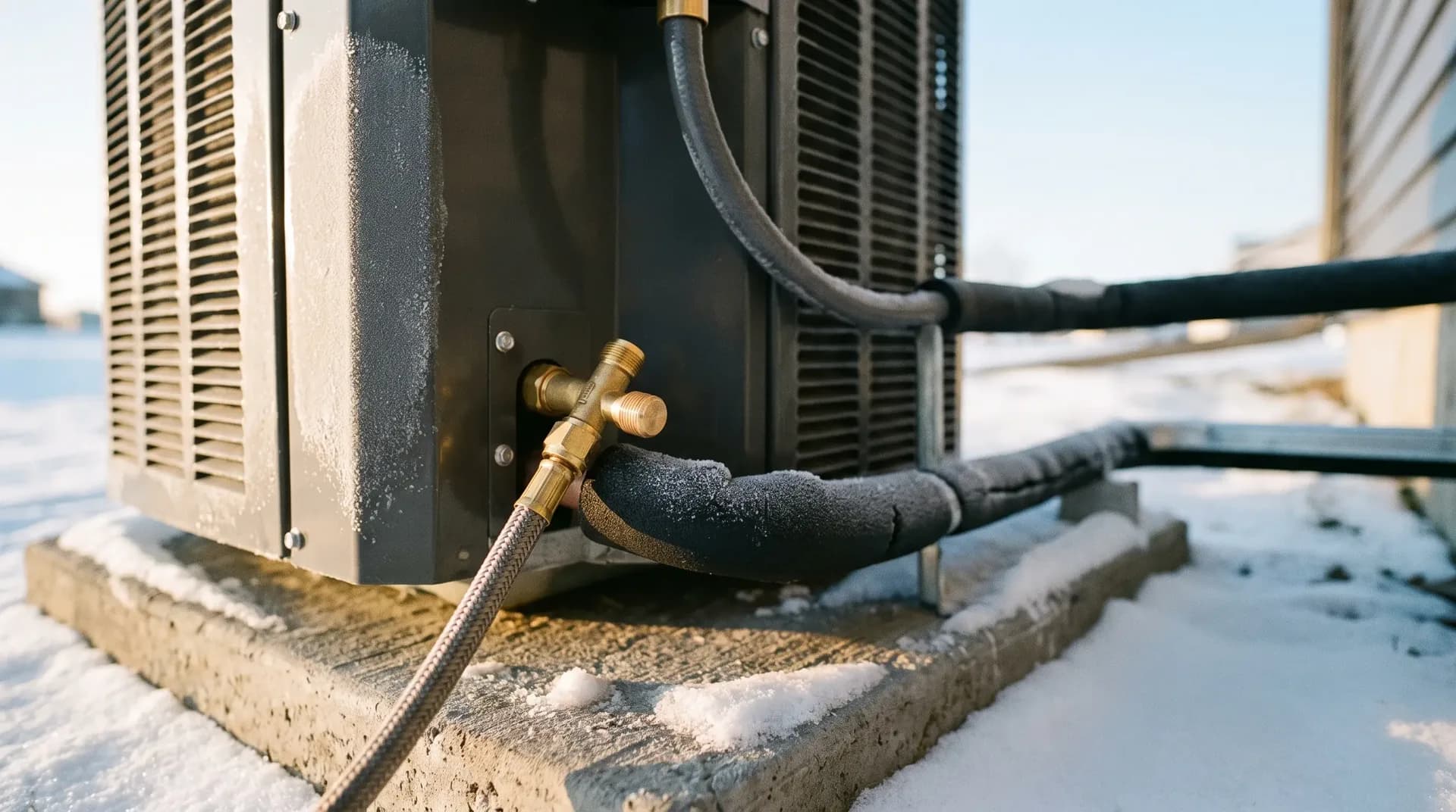A gauge hose connected to the brass service valve on the side of a heat pump outdoor unit, the insulated line set curving away across a frost covered pad in the snow.