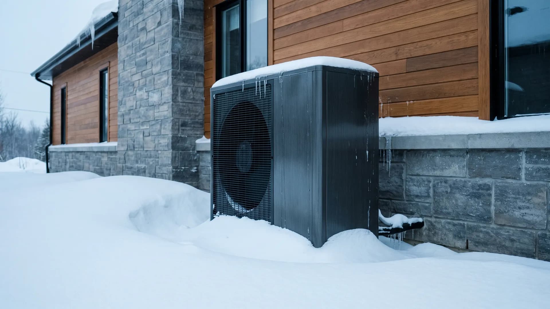 Outdoor heat pump unit surrounded by drifted snow after a storm